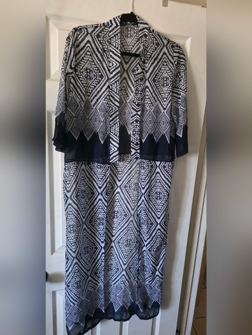 Women's Navy and White Geometric Kimono Cover Up